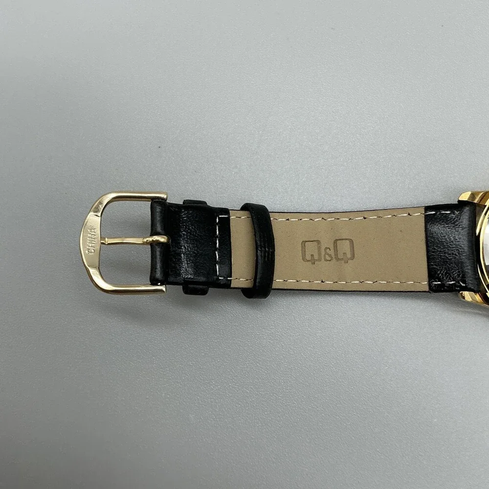 Q&Q Quartz Mens Watch 39mm Gold Tone Case Round Dial Black Band New Battery